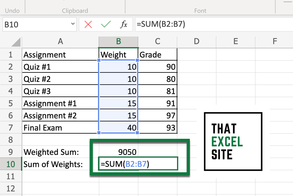 Calculate the sum of weights using the SUM() function