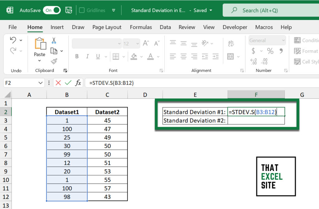 Calculating the Standard Deviation of a Column in Excel with STDEV.S()