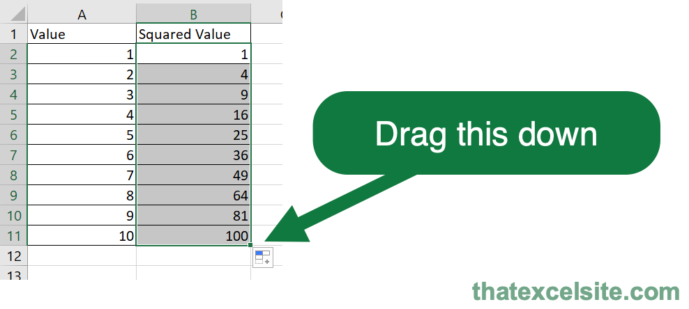 Square a Column of Values in Excel