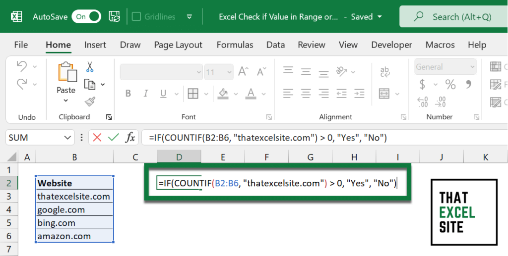 How to use COUNTIF() to check if a value exists in a range in Excel