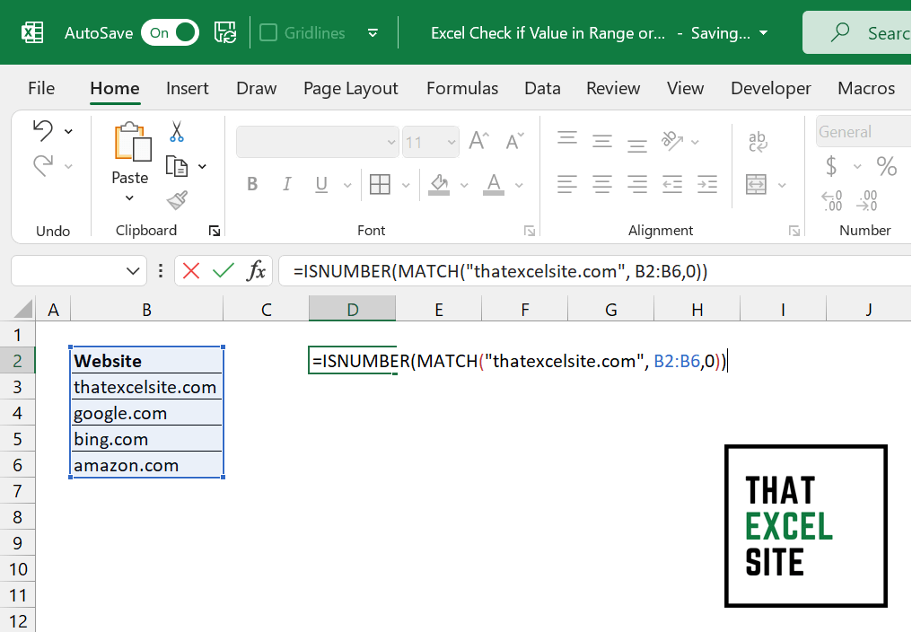 How to use MATCH() to check if a value exists in a column in Excel