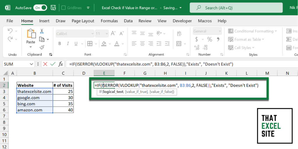 How to use VLOOKUP() to check if a value exists in a column in Excel