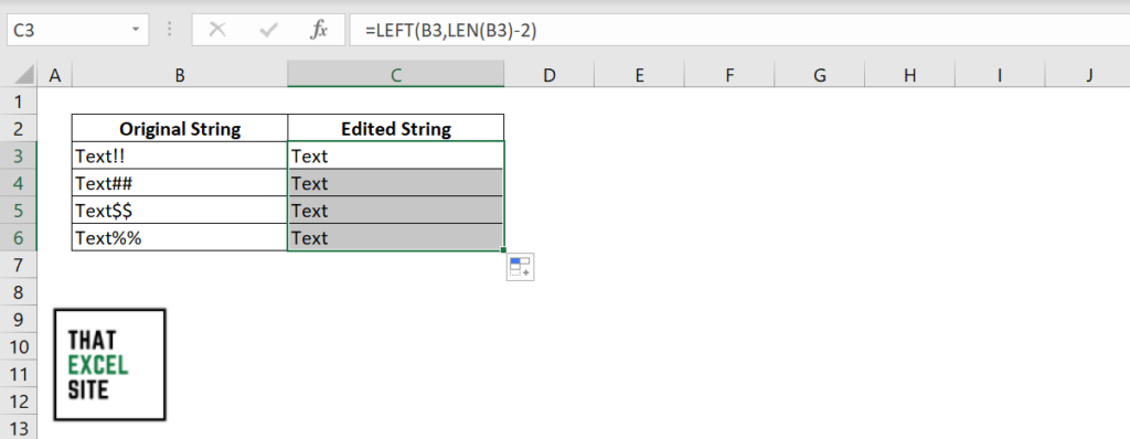 Text to columns was able to successfully remove characters