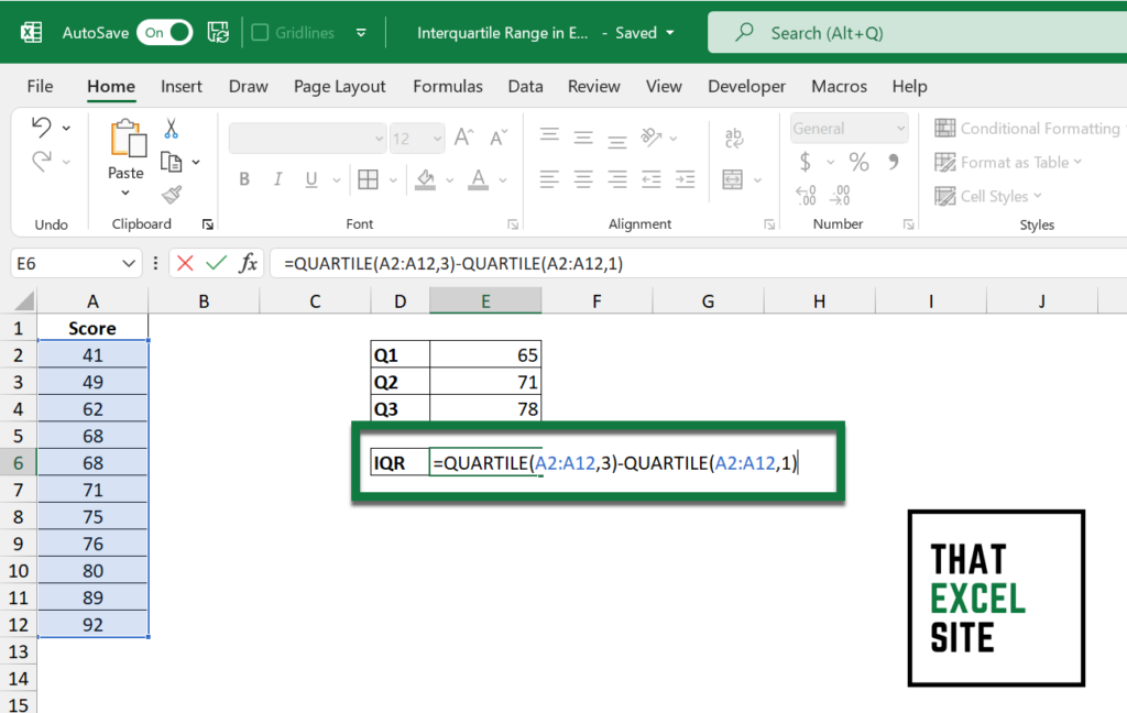 The formula for an interquartile range calculation in Excel