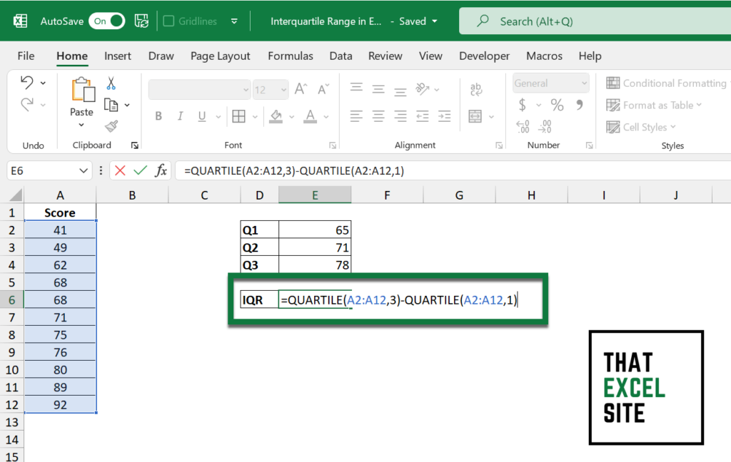 interquartile range excel