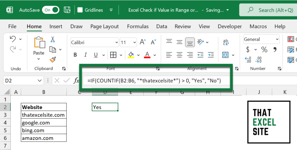 The result of checking for a partial match in Excel
