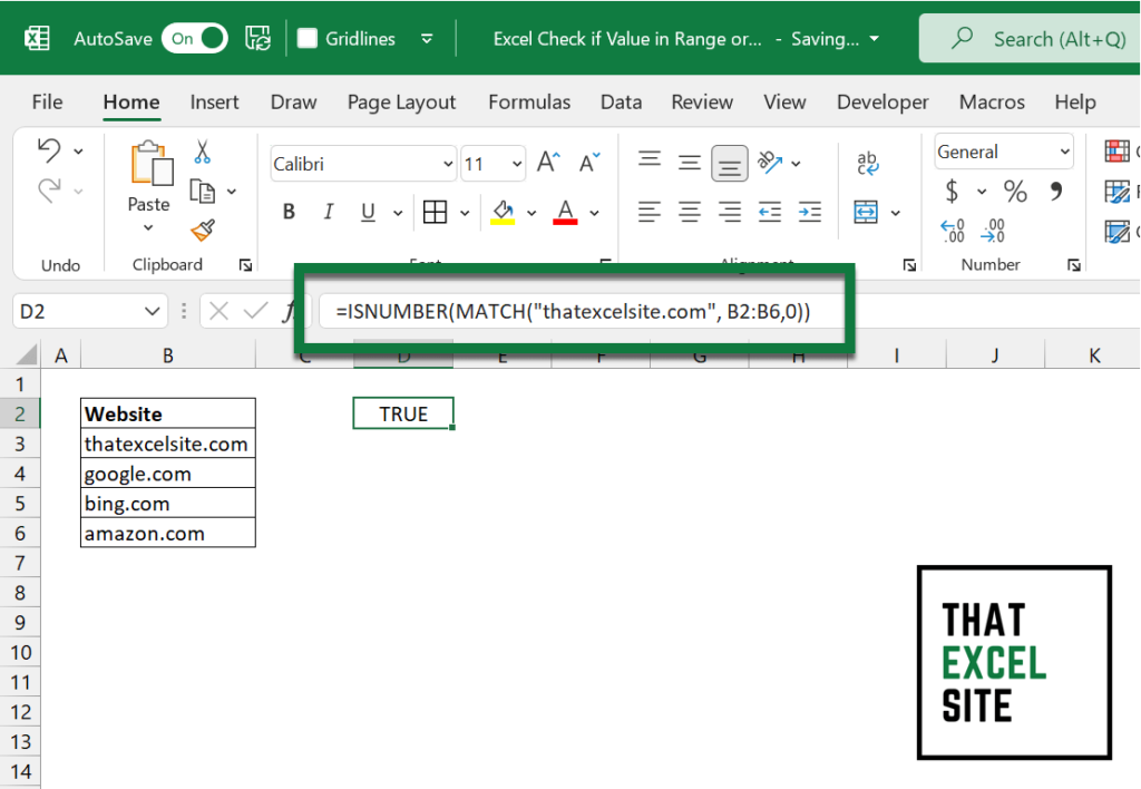 Using MATCH() to check if a value exists in Excel returns TRUE or FALSE