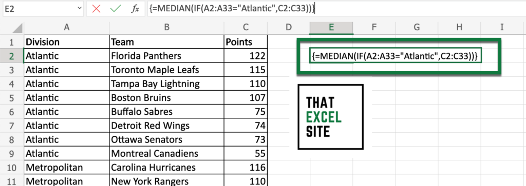 Using an array function to calculate a median IF in Excel