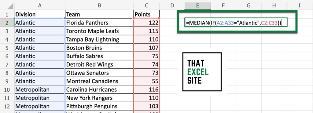 Using dynamic array functions to calculate a Median IF in Excel