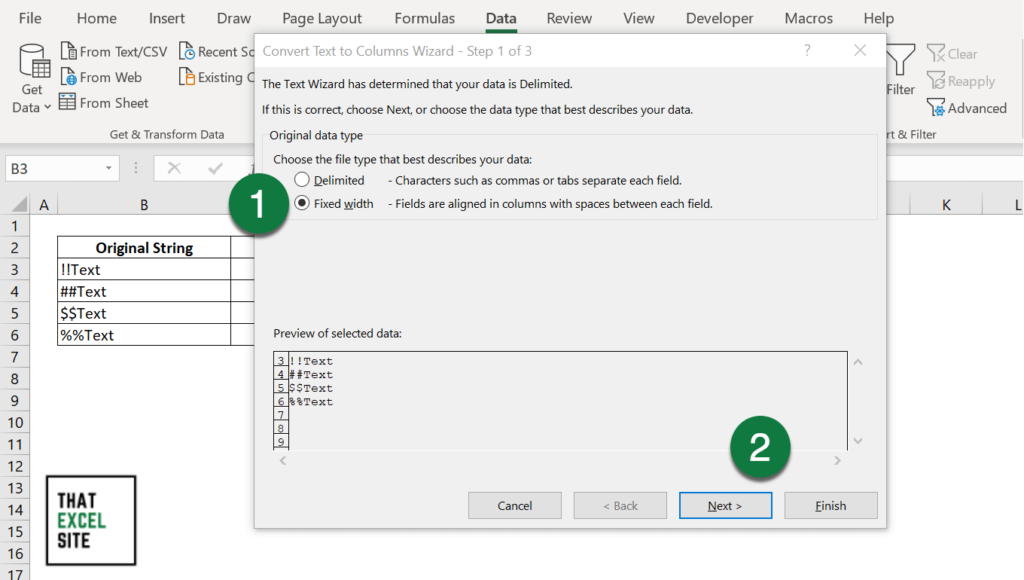 Using text to columns to specify fixed width