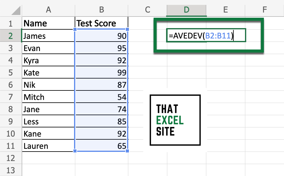 Using the AVEDEV() function to calculate the mean absolute deviation