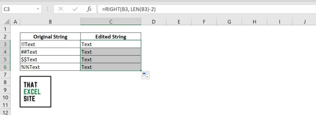 Using the RIGHT() function to remove characters for an entire column