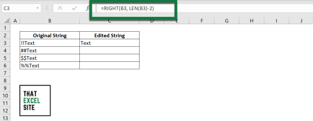 Using the RIGHT() function to remove text for a single cell