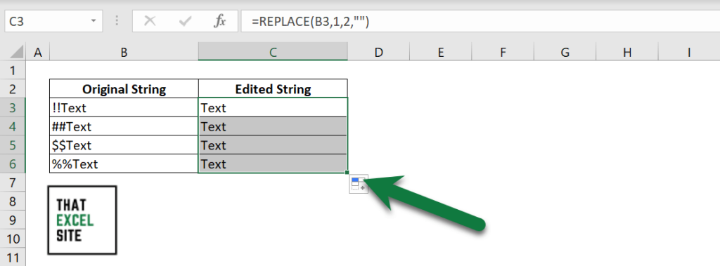 Using the fill handle to remove characters for an entire column