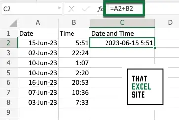 Add the date and time values together to combine date and time in Excel