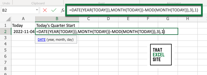 Calculate the first date of the current quarter in Excel