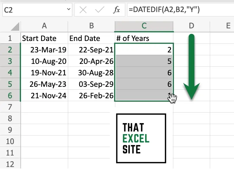 Calculating the number of whole years between two dates