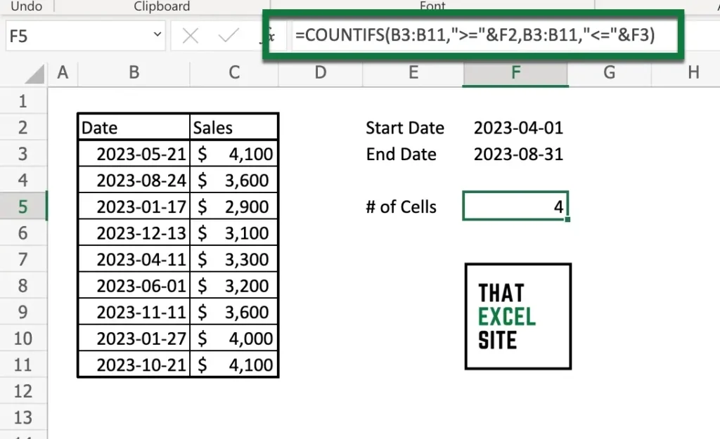 Count Number of Cells Between a Date Range in Excel