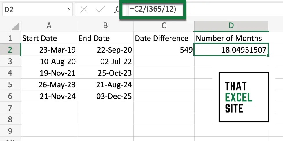 Divide the number of days by 365 divided by 12