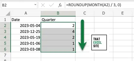 Drag down the fill handle to calculate the quater for each date