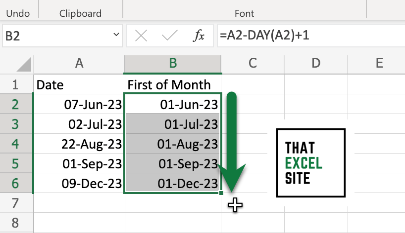 Drag the Fill Handle Down to Get the First Day of the Month for All Months with DAY()