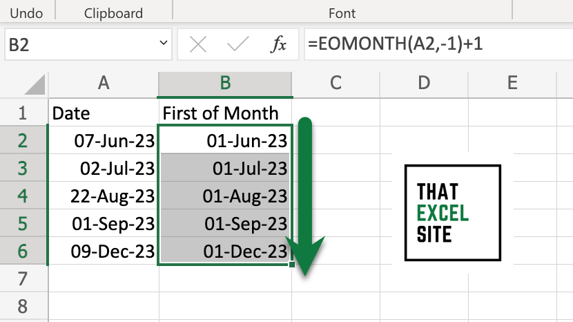 Drag the Fill Handle Down to Get the First Day of the Month for All Months with EOMONTH()