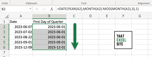 Drag the fill handle all the way down to calculate the start date of the quarter for each day