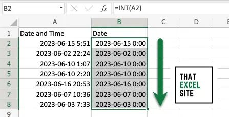 Drag the fill handle all the way down to get the time from a datetime in Excel using INT()
