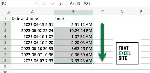 Drag the fill handle all the way down to get the time from a datetime in Excel