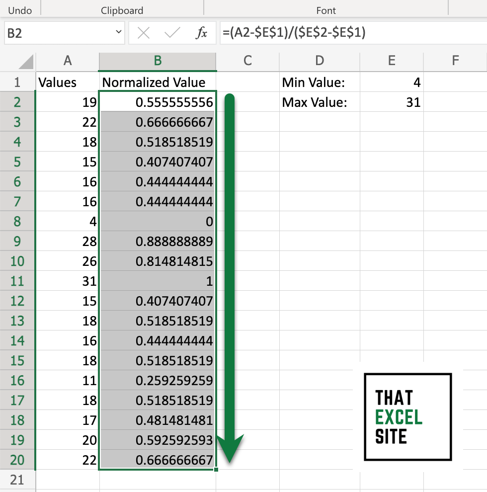 Drag the fill handle all the way down to normalize all values in Excel