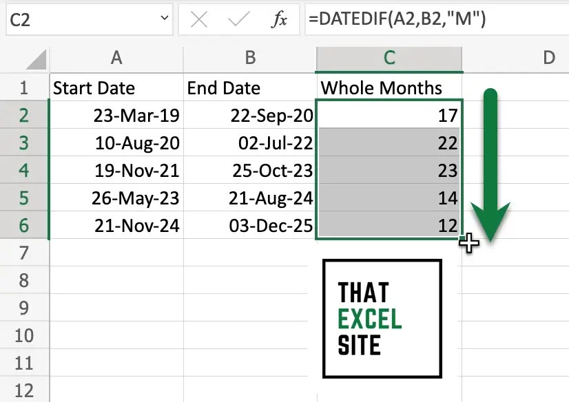 Drag the fill handle down the entire dataset to calculate the number of whole months between two dates