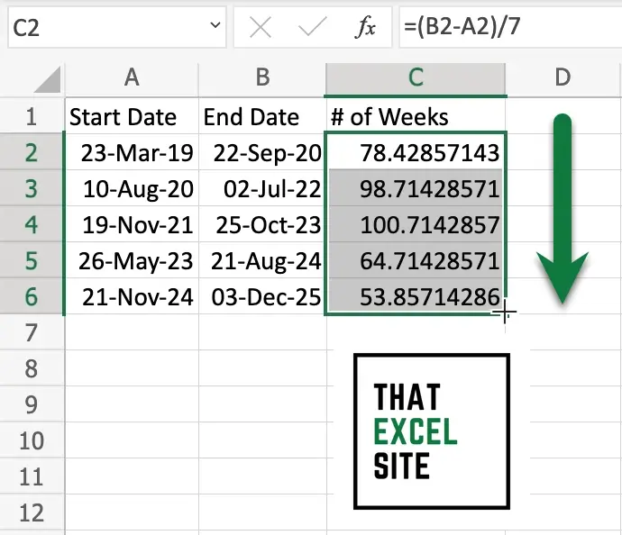 Drag the fill handle down the entire way to calculate the number of weeks between two dates