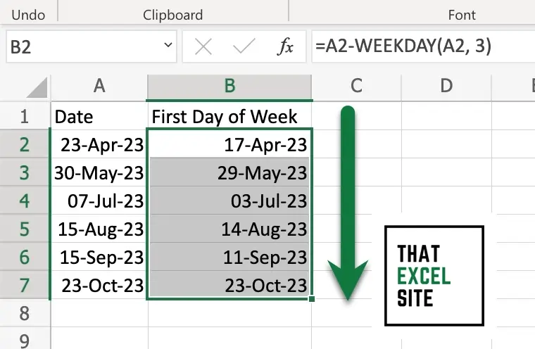 Drag the fill handle down to calculate a Monday week start date in Excel