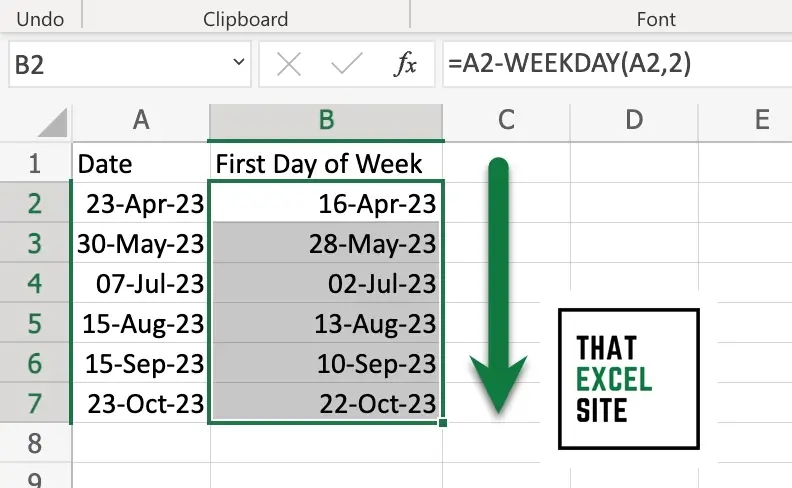 Drag the fill handle down to calculate a Sunday week start