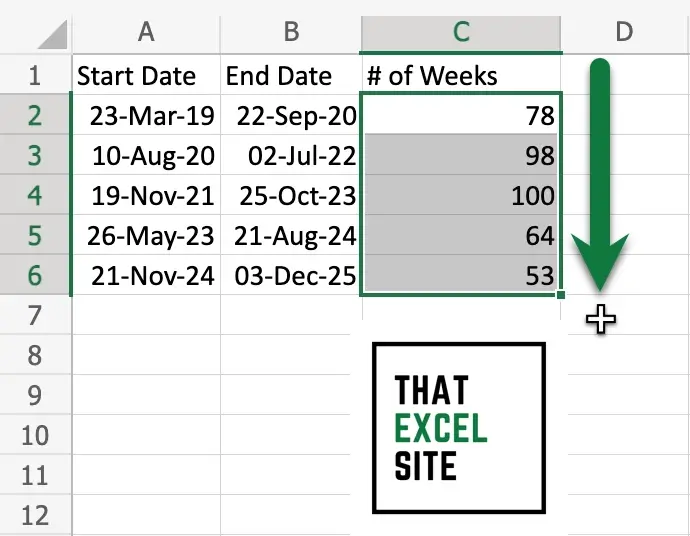Drag the fill handle down to calculate the number of whole weeks in Excel