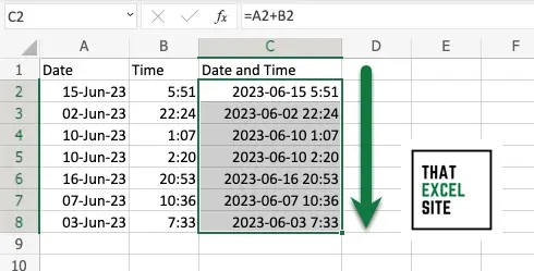 Drag the fill handle down to combine date and time in Excel