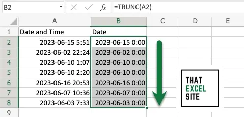 Drag the fill handle down to get the date value in Excel using the TRUNC() Function