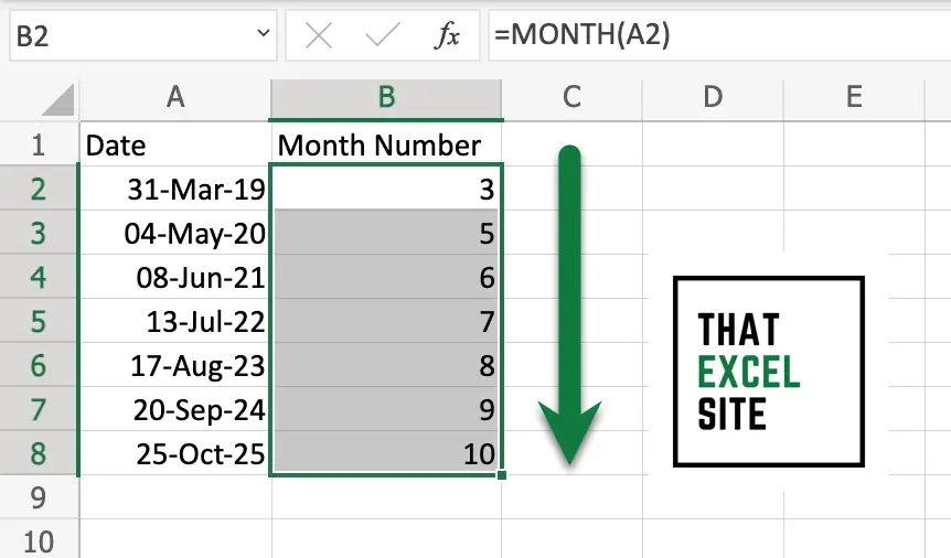 Drag the fill handle down to get the month number for each date