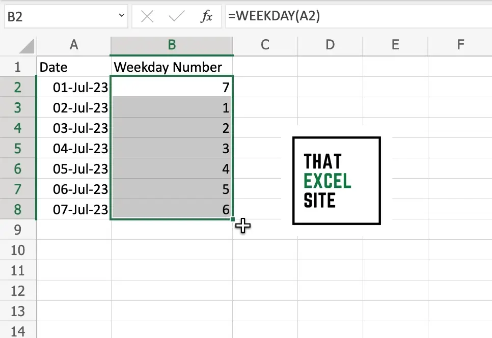Drag the fill handle down to get the weekday number for each date