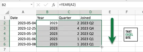 Drag the fill handle down to get the year and quarter for each date