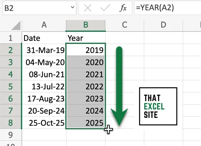 Drag the fill handle down to get the year for each date
