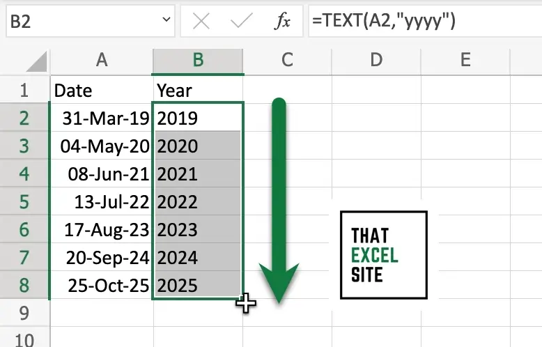 Drag the fill handle down to get the year from all dates as text