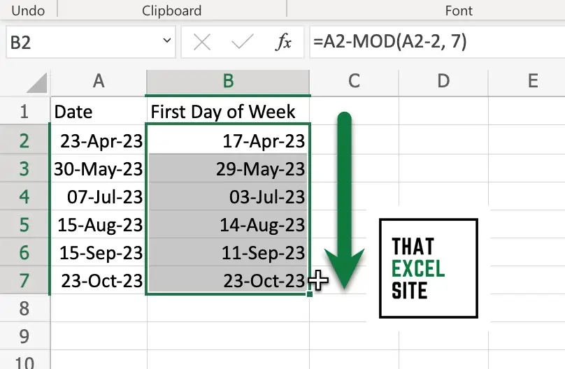 Drag the fill handle down to use the MOD() function to calculate the Monday of every day