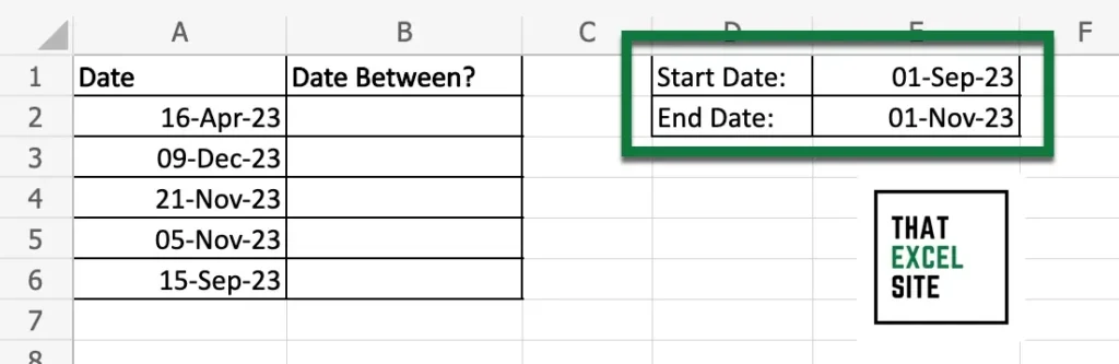 Enter the start and end dates into the cells