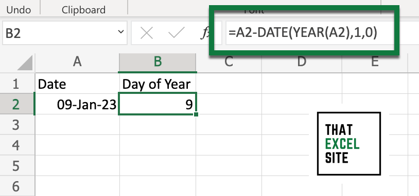 Get the day of the year in Excel using the YEAR() function