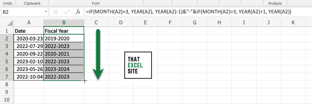 Get the financial year range for all cells in Excel