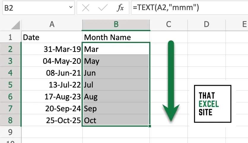 Get the name of the month for each date by using the fill handle