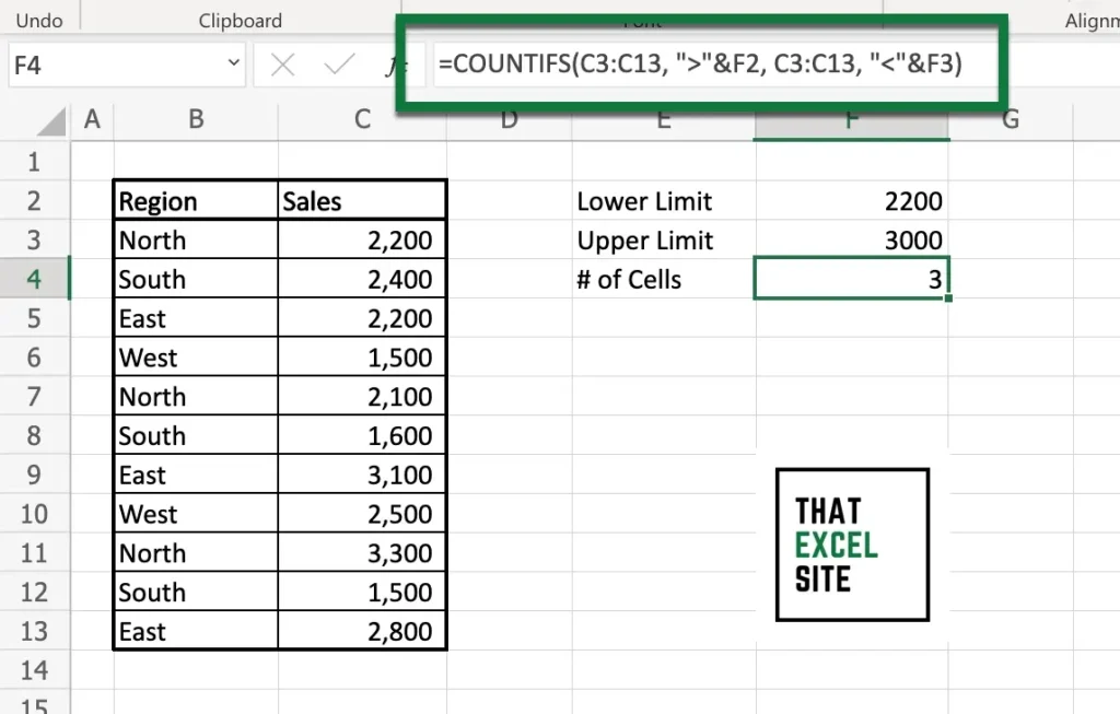 How to count cells that are larger than a value and smaller than another