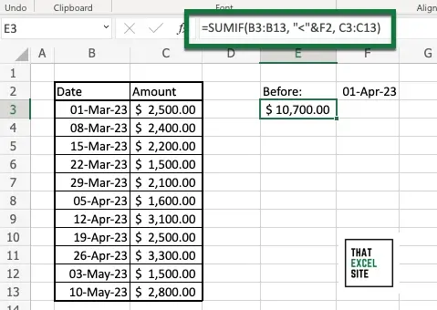 How to use Excel SUMIF() to sum values before a date