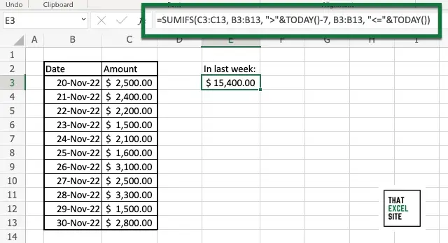 How to use Excel SUMIFS() to add values within the last week